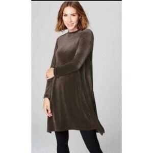J JILL Mocha Dipped Hem Crushed Velour Dress Women Small Velvet Pockets Winter